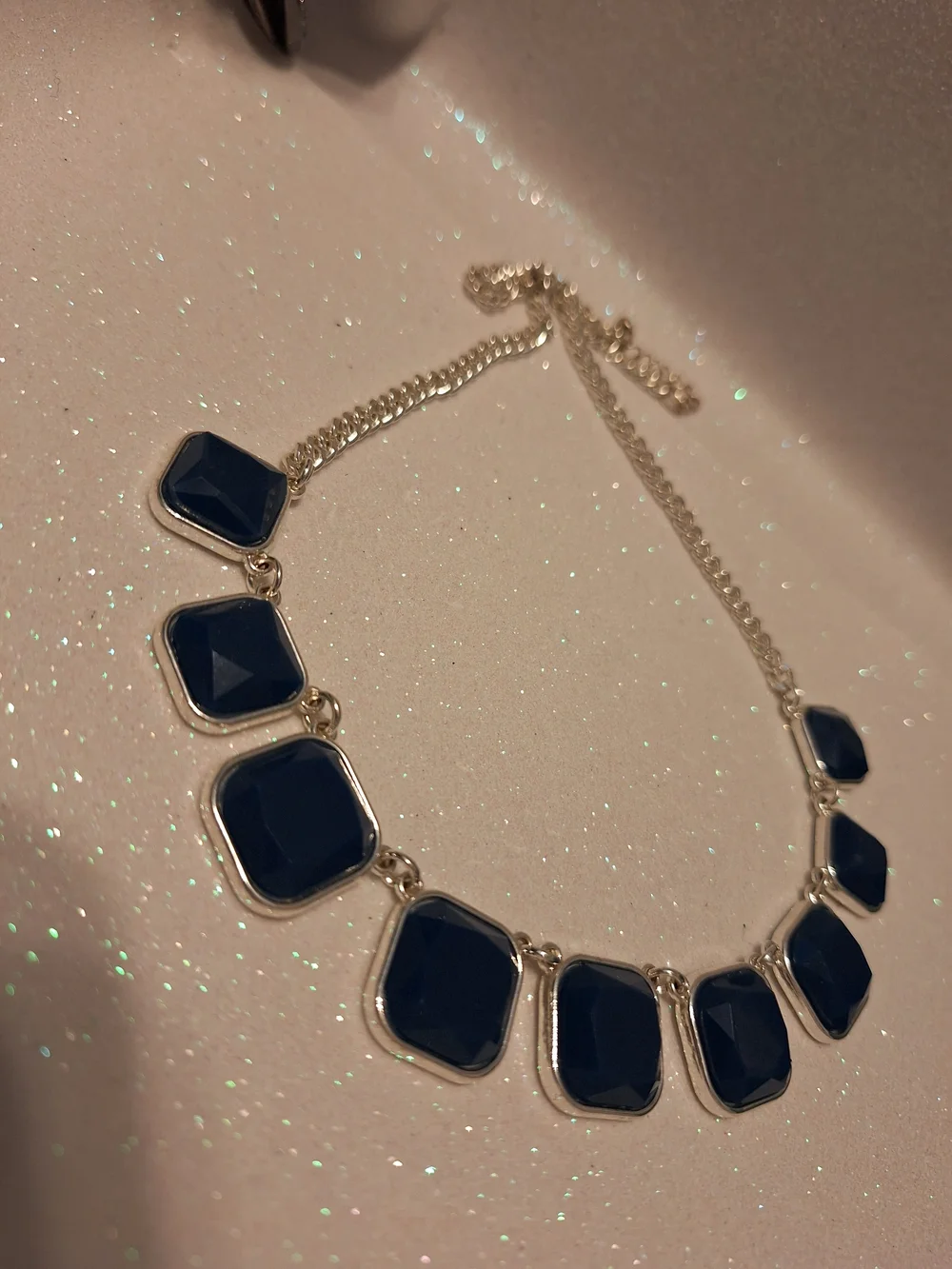 Liz Claiborne Silvertone Blue Bib Statement Necklace Costume Jewelry